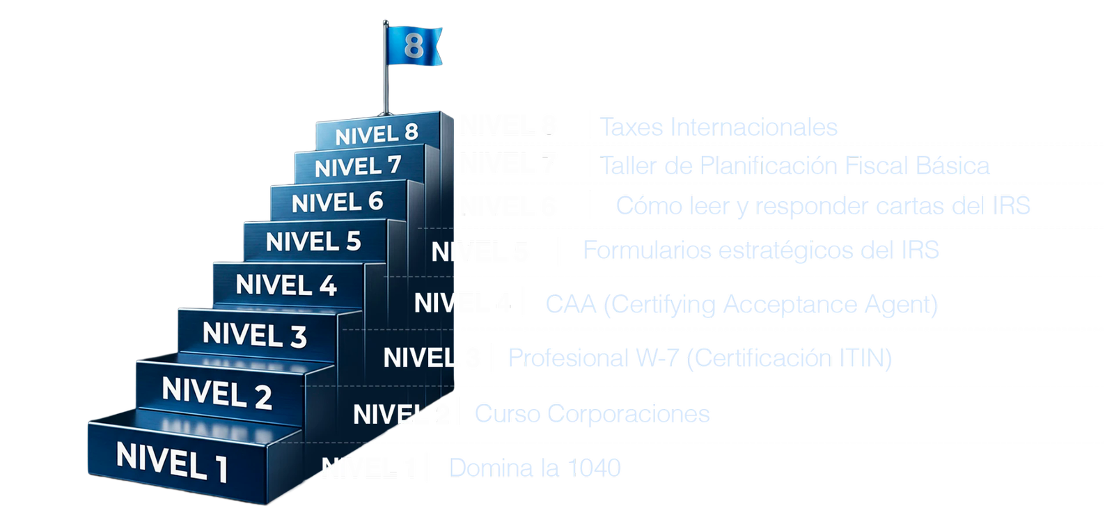 Escalera de los ocho niveles del camino del preparador, del Nivel 1 al Nivel 8