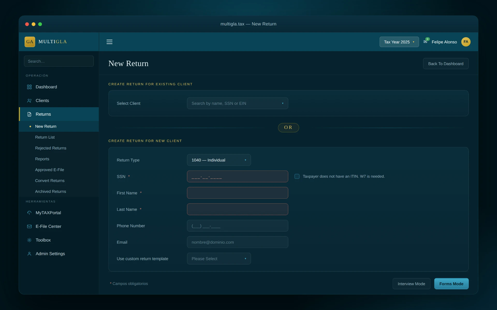 Pantalla del software MultiGla para crear una declaración nueva